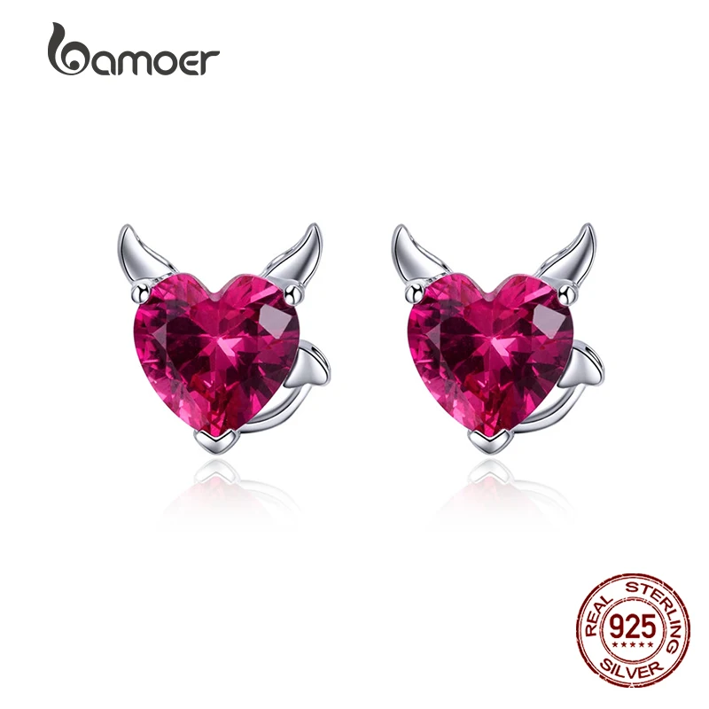 BAMOER moda argento Sterling 925 angelo e diavolo rosa CZ cuore orecchini per le donne gioielli in argento Sterling festa della ragazza