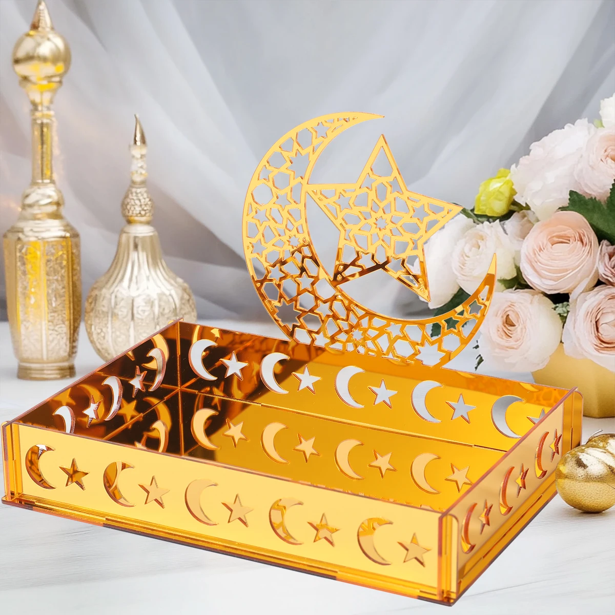 Eid Mubarak Tray Ramadan Table Centerpieces Plate Acrylic Ramadan Decorations 2025 for Home Islam Muslim Festival Party Gifts