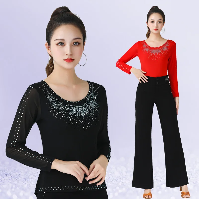 Square dance modern dance black top new women's butterfly studded diamond round neck long sleeved shirt Latin dance costume