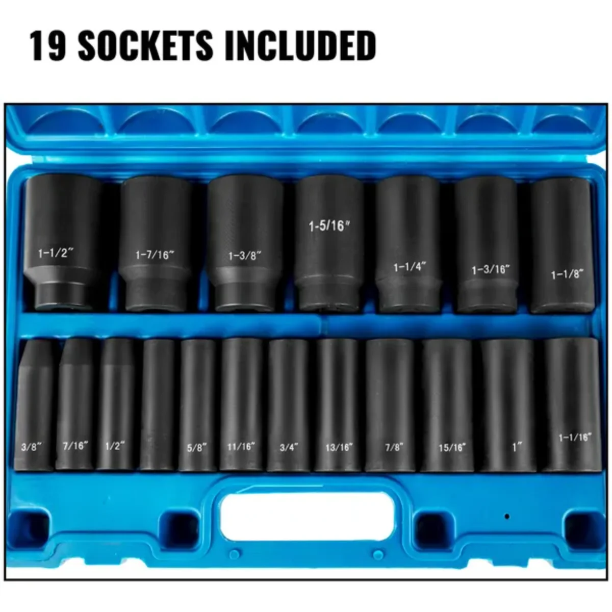 VEVOR 1/2-inch 19-piece 6-point deep impact socket set,equipped with a storage cage,with a size range of 3/8 inch to 1 1/2 inch