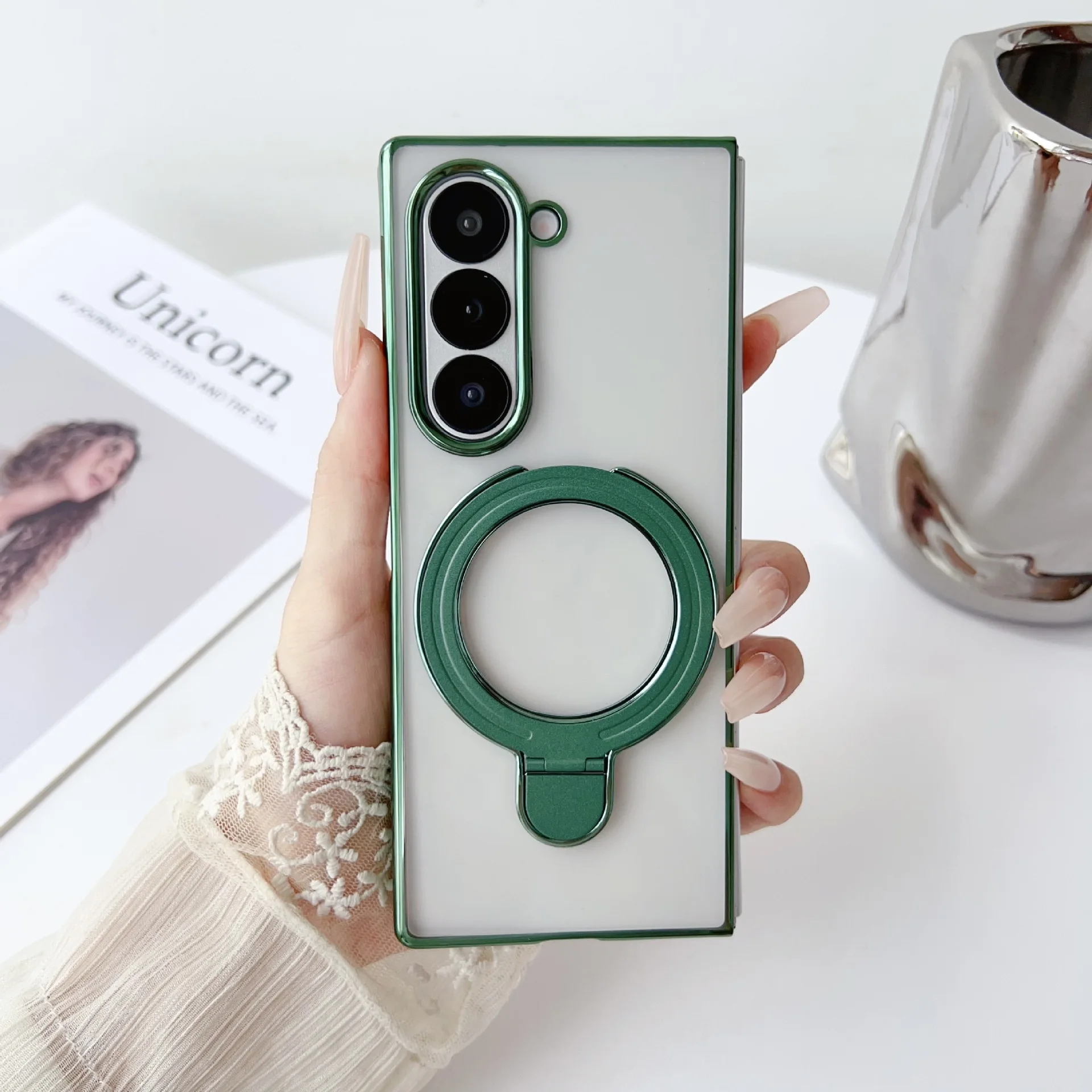 

For Samsung Galaxy Z Fold 4 5 6 7 Magsafe Case Transparent Folding Shockproof ring holder Magnetic Wireless Charging Cover