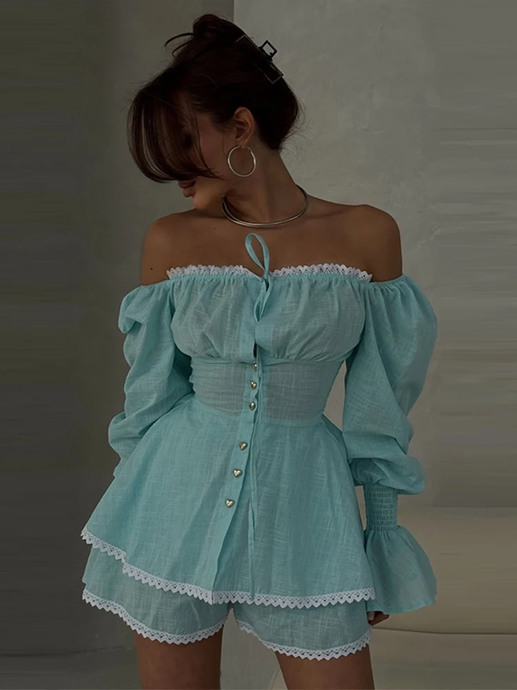 Set Wanita Kemeja Bahu Terbuka Tali Renda Celana Pendek Atasan Blus Kemeja Cinched Pinggang Berenda Lengan Panjang Menyala Setelan Celana Pendek Kaki Lebar
