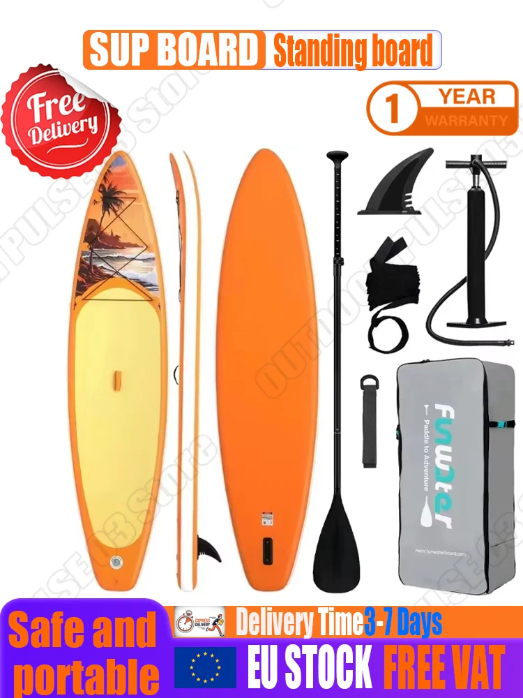 Funwater aufblasbares Stand-Up-Paddleboard misst 350*84*15 cm. Hergestellt aus rutschfestem PVC-Material. Geeignet für Wassersport, Yoga, Angeln, Reisen, Surfen. Komplett mit Zubehör.