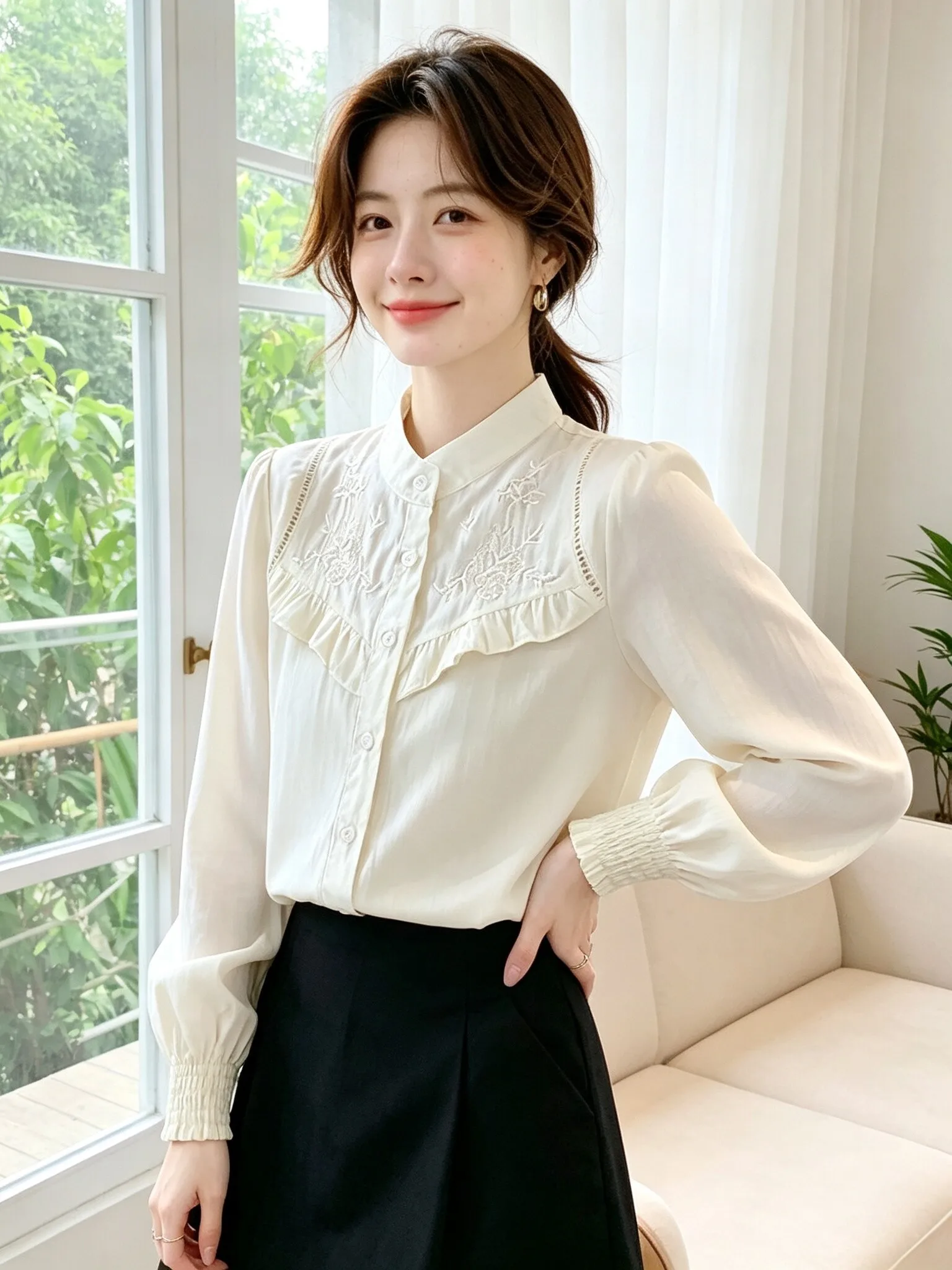 Elegant Embroidered Stand Collar Long Sleeve Women's Chiffon Shirt Fashionable Autumn Wear Beautiful And Stylish Top
