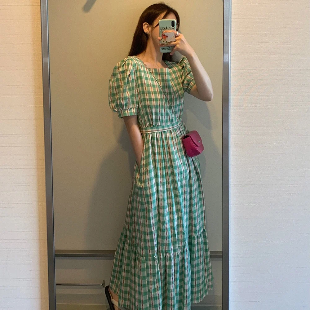 

SML Korean style Summer Plaid Print Ruffle Square Neck Short Sleeve Tie Up Strap Elastic Waist Midi Long Dress Womens (YL1067