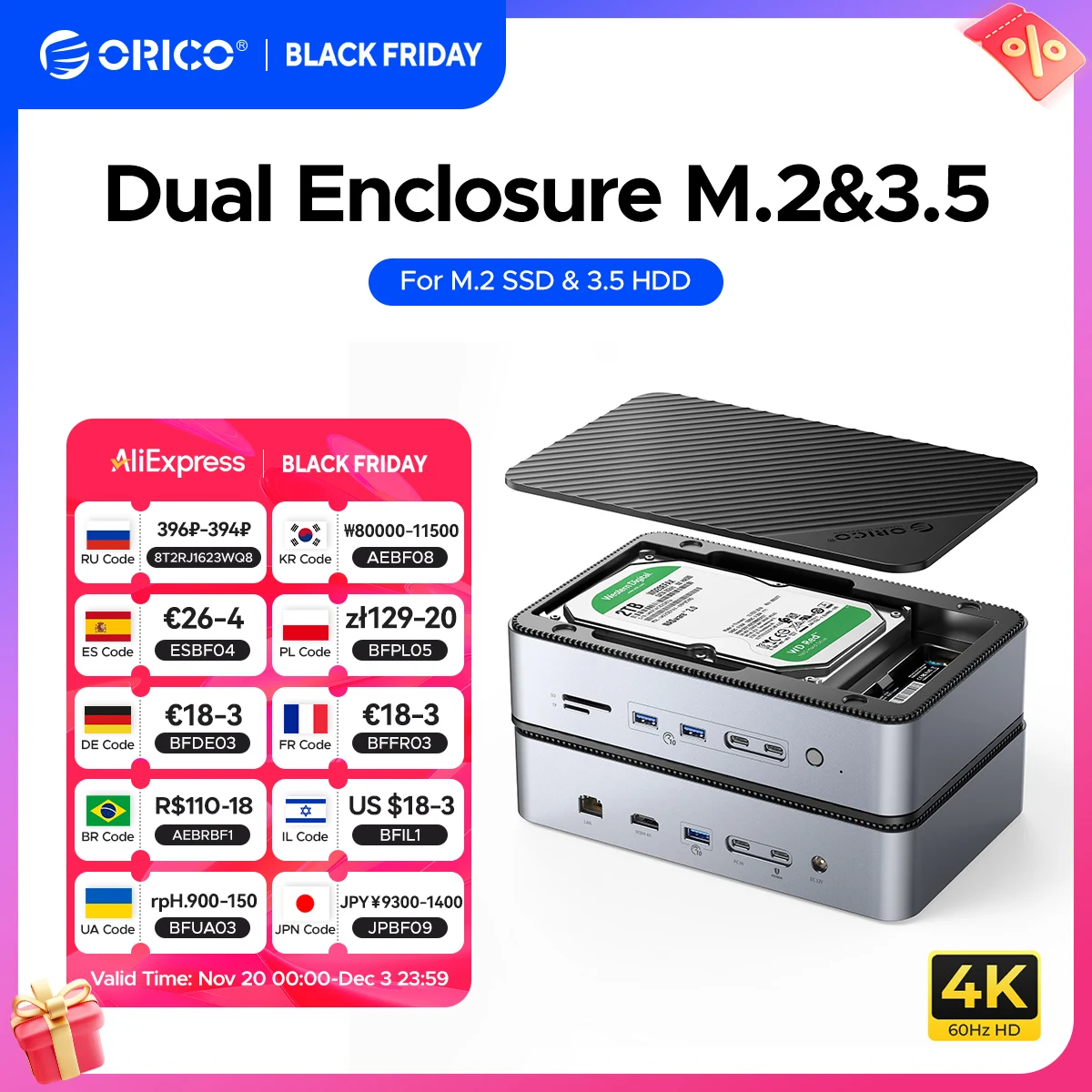 

ORICO Docking Station Deck with Dual M.2 NVME SSD Case 3.5 Hard Drive Enclosure Steam Dock 10 in 1 HDMI 4K60Hz PD100W Ethernet