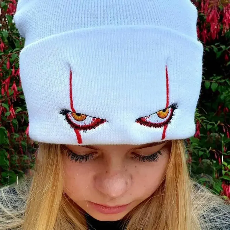 Halloween Knitted Hats For Women Winter Warm Beanie Clown Pennywise Scary Eyes Men Kids Hat Girls Boys Cycling Skiing Cap Gorras