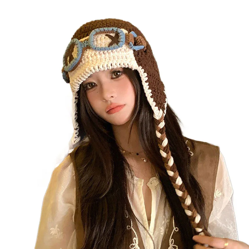 Men'S&Women'S Handmade Crochet Ear Protection Knitted Hat Detachable Glasses Contrasting Yarn Hat Autumn&Winter Warm Flight Hat