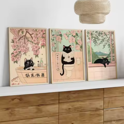 Black Cat Bathroom Wall Set of 3,Japanese Style Cat Pooping Funny Prints,Cat on Toilet,Bath Decor for Restroom Cat Art Gift Idea