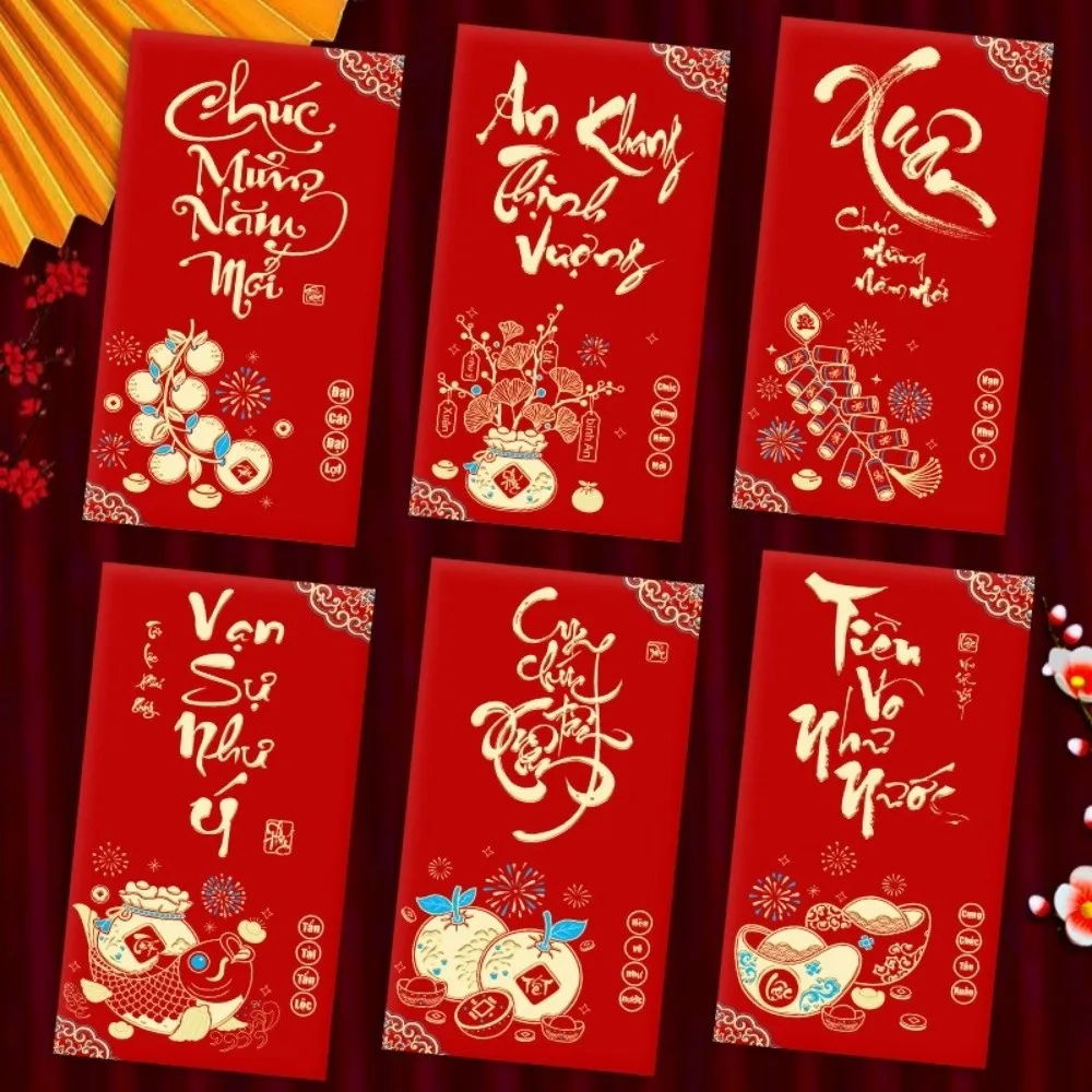 6PCS/Set Lucky Red Envelopes Chinese Style Gold Foil Design New Year Red Packets Vietnamese New Year Blessing