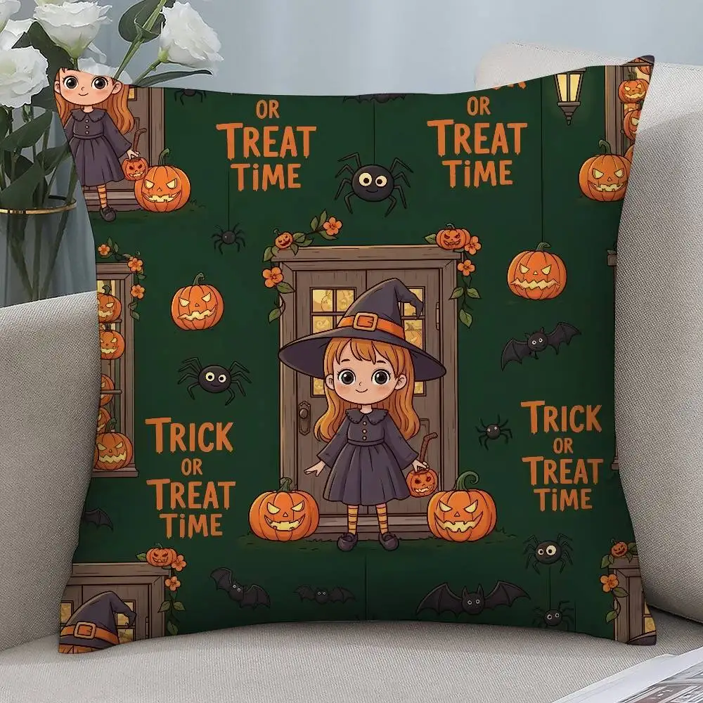 Halloween Cartoon Witch Pillow Case Short Plush Double Sided Print Square Throw Pillow Covers Sofa Home Cushion Decor