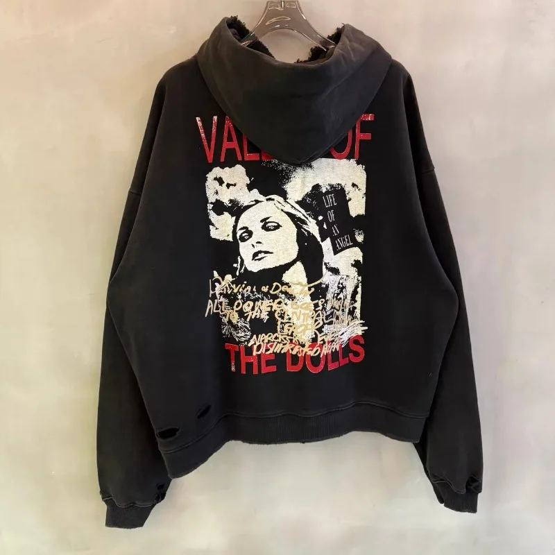 Vintage Paly Hollywood Black Pure Cotton Sweatshirt Men Women Washed Distressed Ripped Pullover Oversized Hoodie