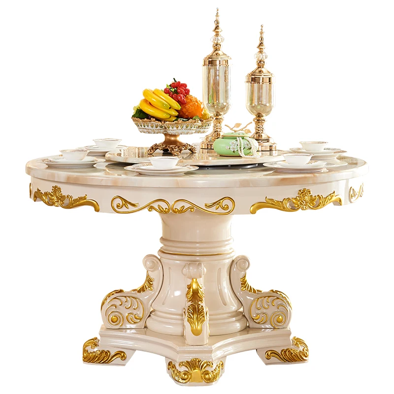 Ivory white round table solid wood villa home dining table hotel hot pot table and chairs with turntable
