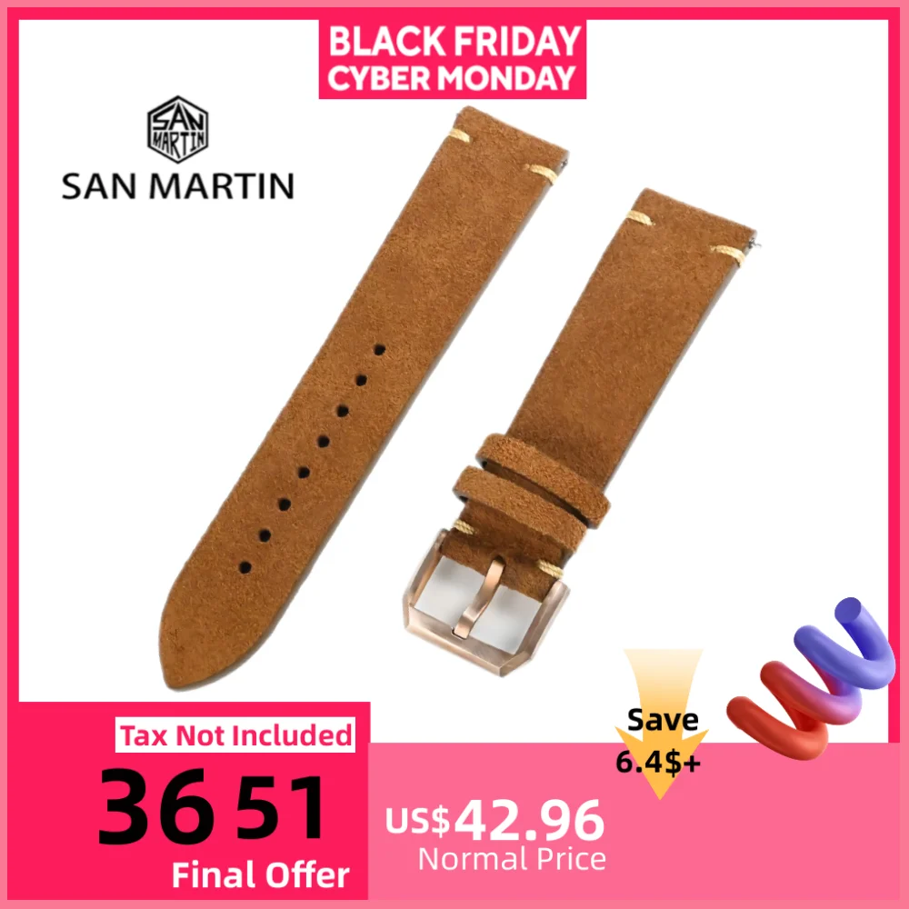 

San Martin 22mm Retro Suede Straps Men Women Classic Soft Brown Leather Watch Band Cusn8 Bronze Buckle Wristbands Replacement