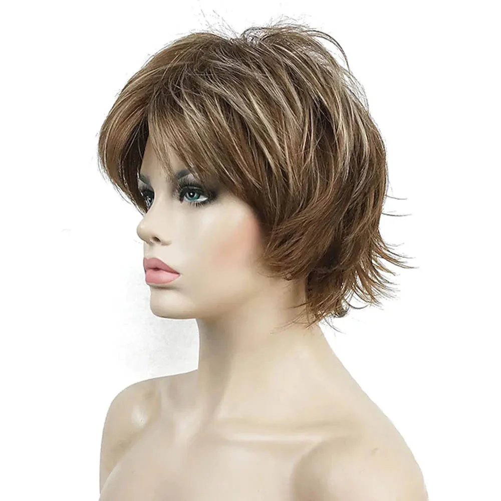 Short natural Layered Shaggy Wavy Full Synthetic Wigs Short Layer Hair Fully Synthetic Wig Brown Highlights Wigs For Women