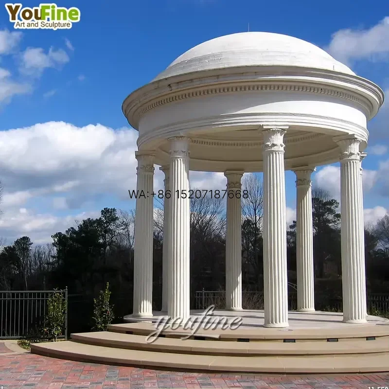 Wmwmnu White Marble Gazebo Outdoor Garden Park Large Round Pavilion Dome Roof Corinthian Columns for Villa Park
