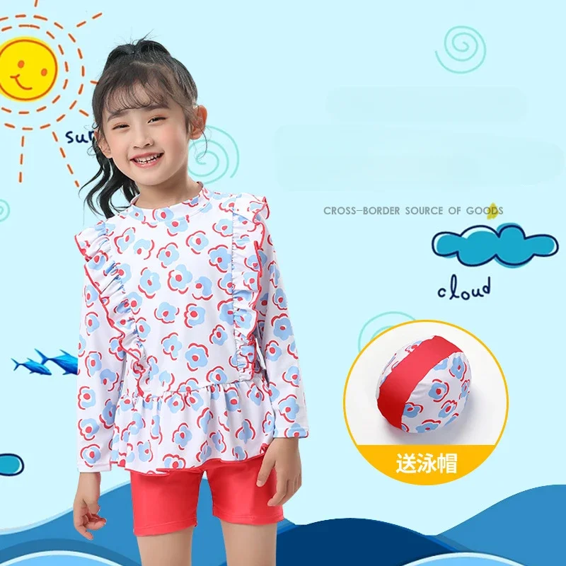 

Новый купальник для девочек INS, комплект из двух предметов, комплект бикини принцессы с длинными рукавами и солнцезащитным кремом для подростков, купальник для больших девочек с шапочкой для плавания