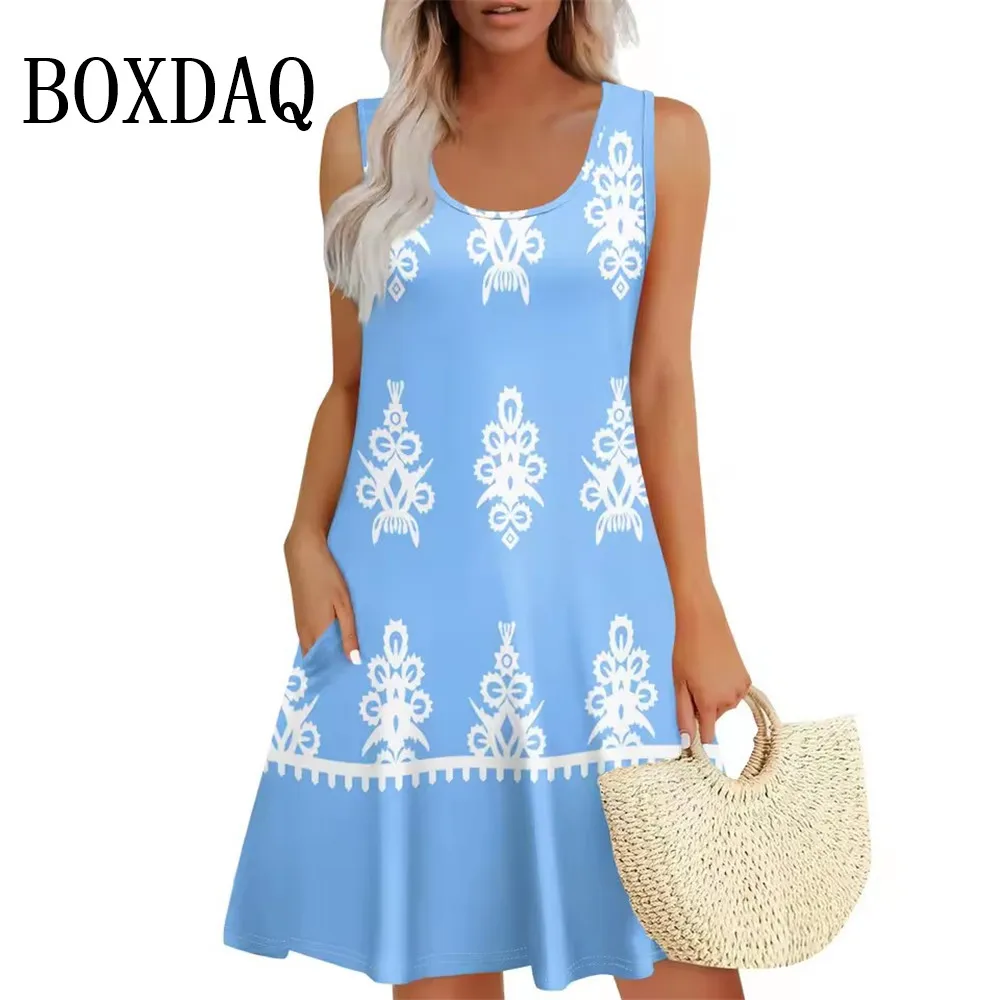 ชุดเดรสฤดูร้อนสําหรับผู้หญิง 2025 Casual หลวม Sundress กระเป๋าชายหาดชุดสั้นแขนกุด O-คอผู้หญิงชุดพิมพ์ลายดอกไม้