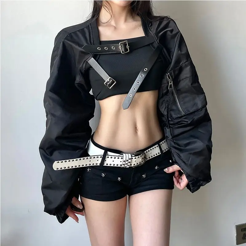 

American Sweet Cool Black Moto&biker Jackets Spring Autumn New Coat For Women Y2k Loose Long Sleeve Zipper Tops Mujer