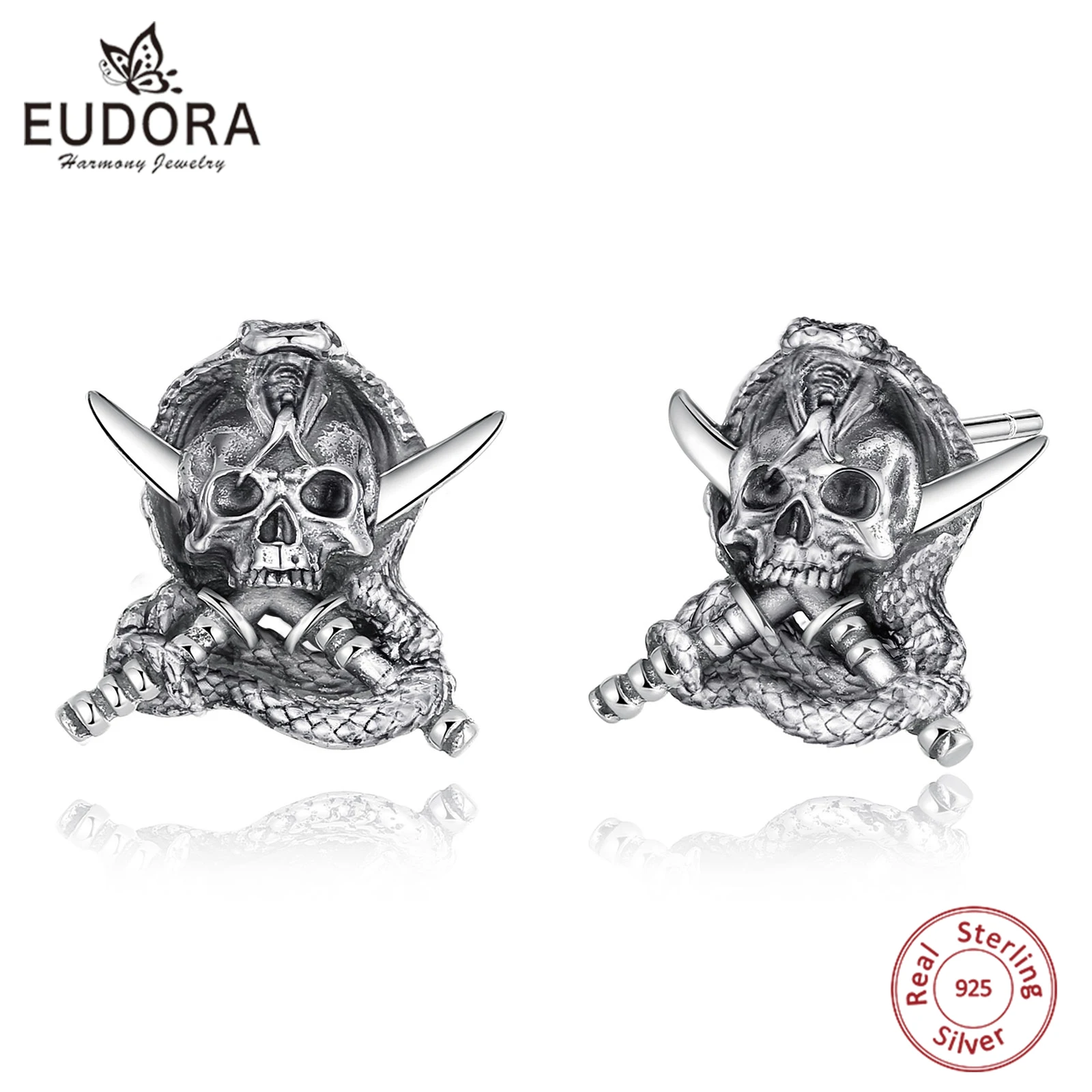 

Eudora 925 Sterling Silver Punk Pirate Skull Stud Earring for Women Man Vintage Gothic Silver Jewelry Halloween Gift