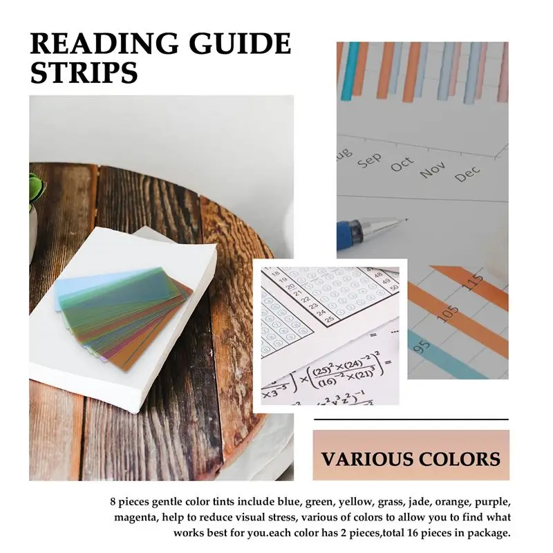 AY14 -16 Pieces Guided Reading Highlight Strips Colored Overlays Bookmark Reading Tracking Rulers With Line For Dyslexia, ADHD