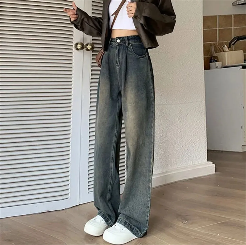 Amerikaanse Retro Jeans Met Wijde Pijpen Herfst Winter 2024 Nieuwe Korte Cement Grijze Losse Broek Met Rechte Pijpen Trend Nonchalant Y 2K Kleding