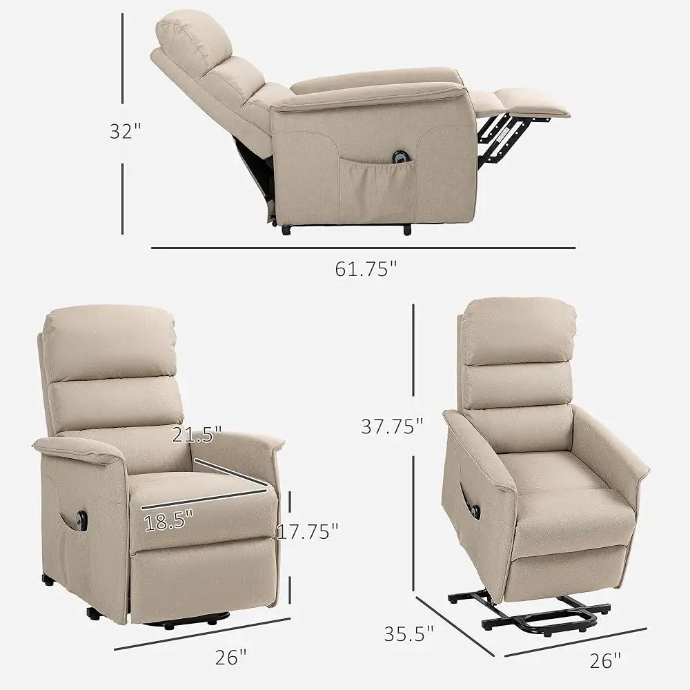 Power Lift Recliner Chair Elderly Remote Control Easy Assembly Comfortable Fabric Reclining Sofa with Side Pockets and Footrest