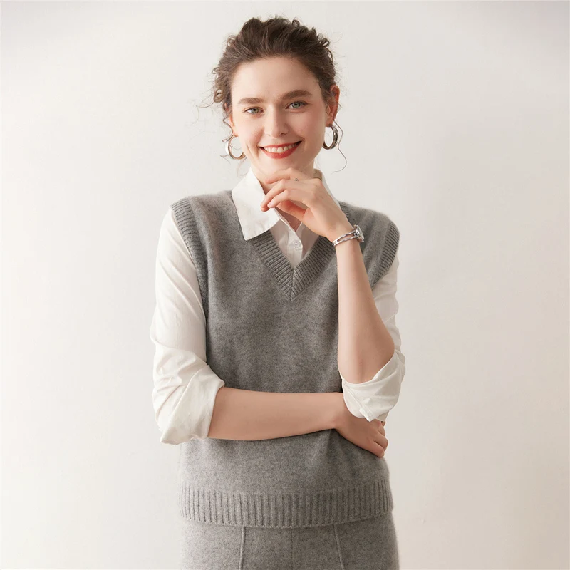 Kamizelka damska jesienno-zimowa, jednolity kolor, 100% kaszmir, sweter, podstawowy sweter bez rękawów, retro, w stylu lazy preppy, bez rękawów.