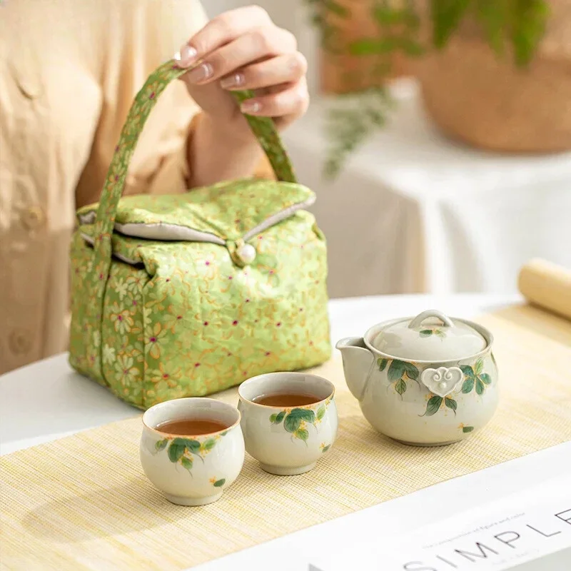 Hand-painted Osmanthus Ceramic Kung Fu Tea Set One Pot Two Cup Storage Bag Household Teapot Tea Cup Outdoor Cashier Cup Set