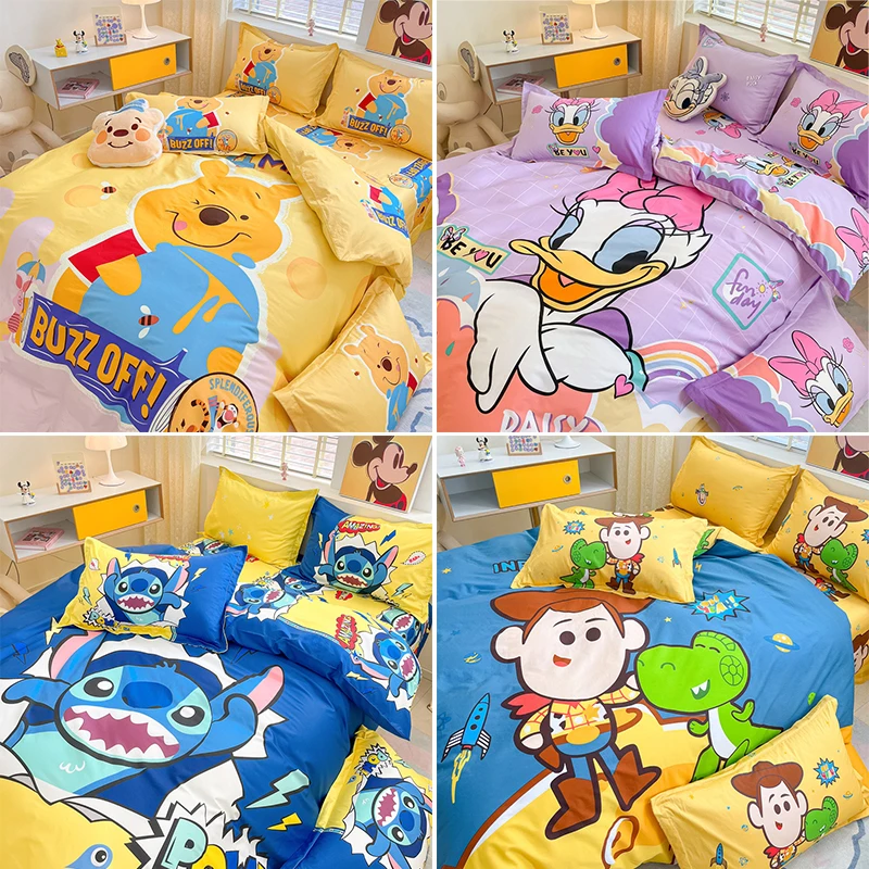 Conjunto de cama todo algodão, Disney Series, ponto, Mickey, Minnie, solteiro, rei, rainha, Twin Size, capa de edredão, lençol, fronha, lençol