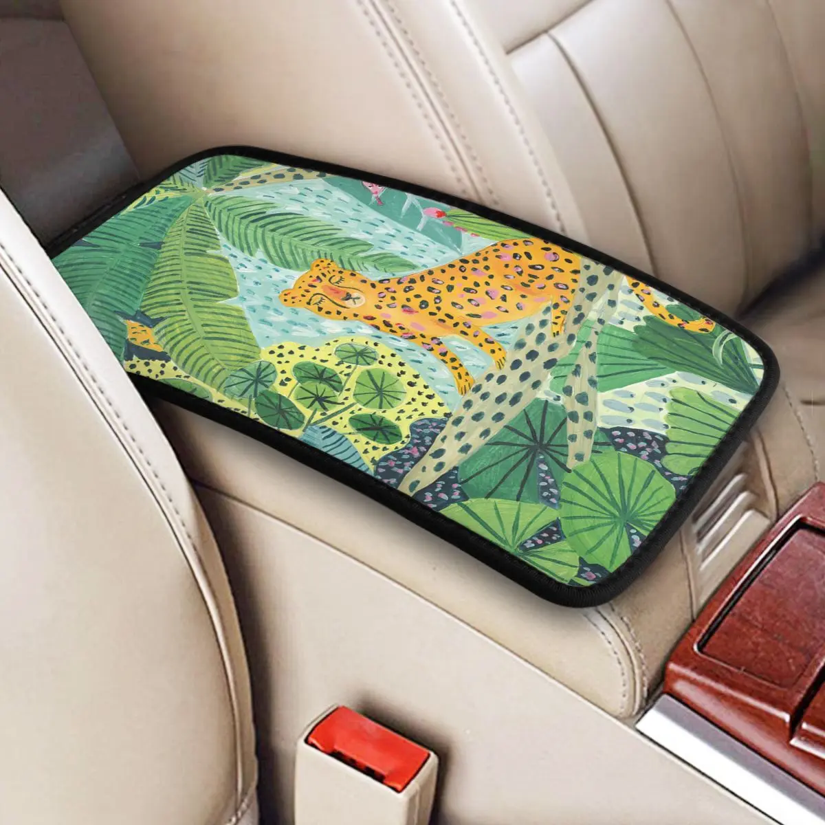 

Автомобильный коврик для подлокотника, кожаный коврик с леопардовым принтом, с центральными ручками джунглей, в богемном стиле, с тропическими растениями, аксессуары для автомобиля, интерьер