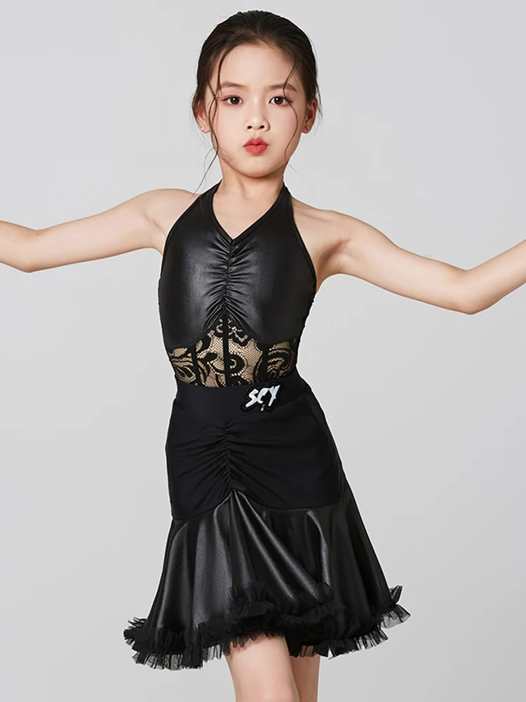 

Summer Girls Latin Dance Clothes Kids Cha Cha Rumba Samba Practice Clothing Black Lace Suit Latin Performance Costume DNV18306