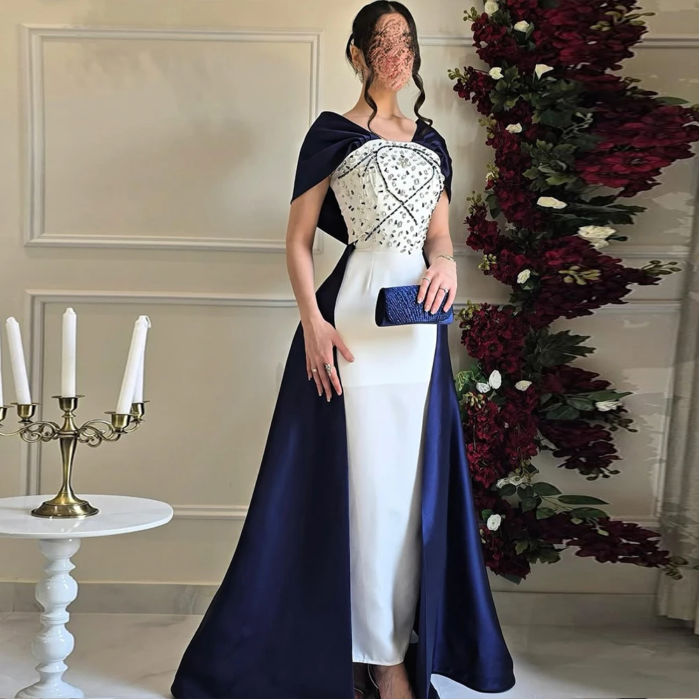 Customized Beaded Crystal Evening Dresses Women Luxury Party Dress Sheath Elegant Long Cocktail Gowns Navy Blue