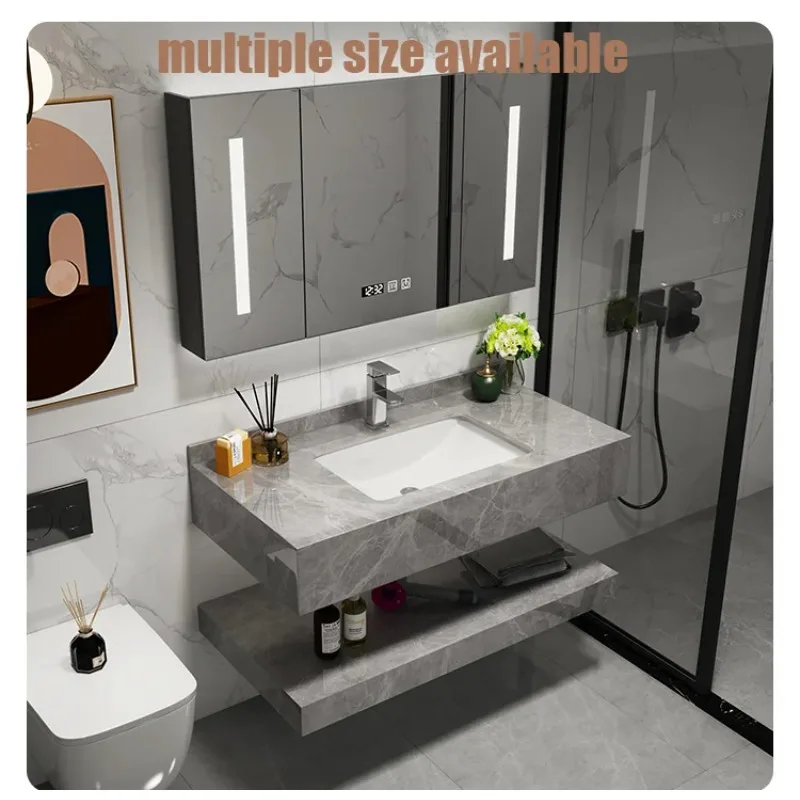 Nowoczesne szafki łazienkowe i inteligentne lustra z bocznym schowkiem, kombinacja szafki pod umywalkę z szklaną szufladą.