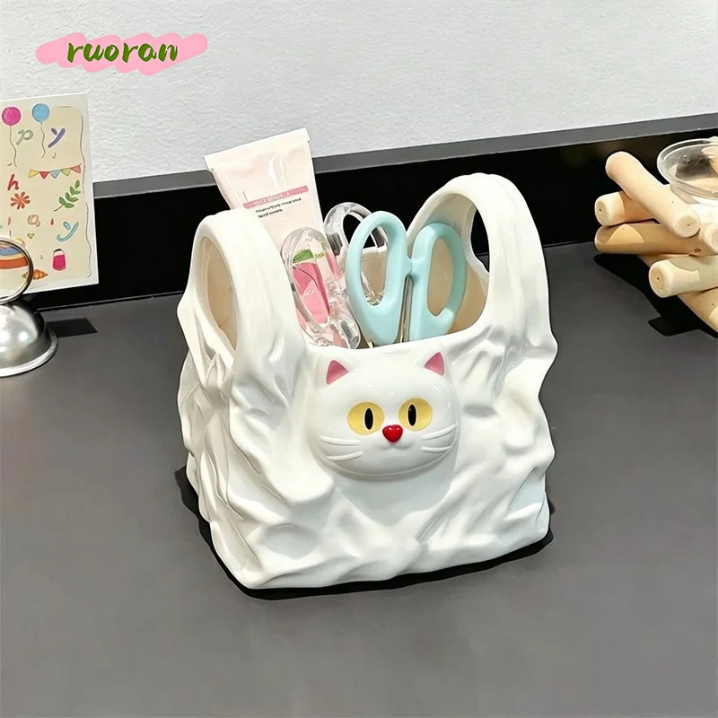 Ceramic Cat Shape Handbag Vase High Value Home Decor for Living Room TV Cabinet Entryway Desk Gift