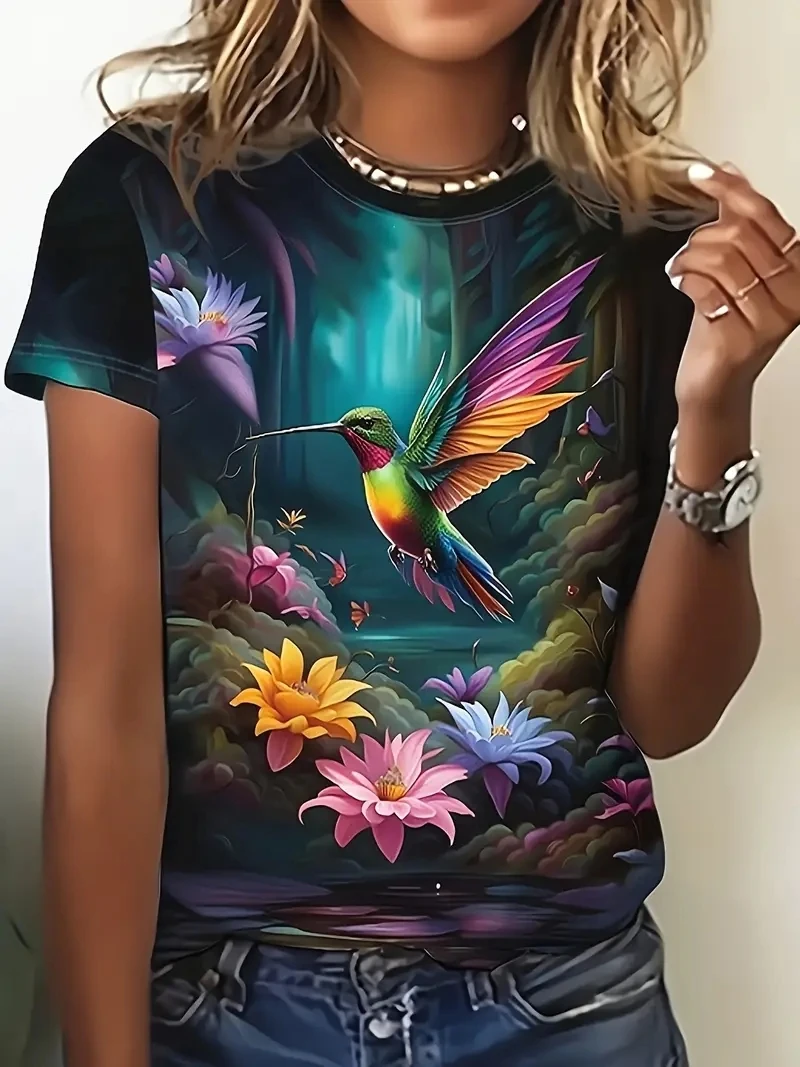 Women's PLUS Size 3D Animal Bird Print Short Sleeved T-shirt, Loose and Casual, Soft, Comfortable and Breathable, Outdoor Sports