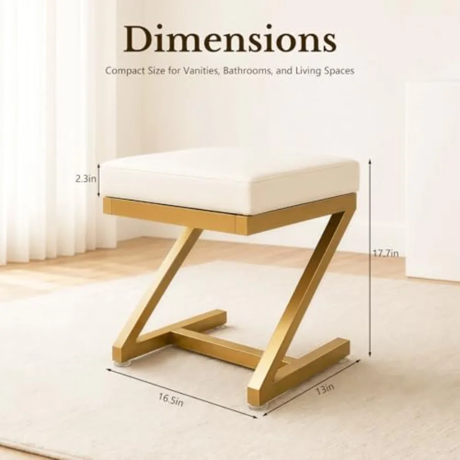 Makeup Vanity Stool Chair Small Backless Leather Ottoman Bench in Gold Cushioned Seat Metal Z-Frame for Vanity Desk, Bathroom, view 2