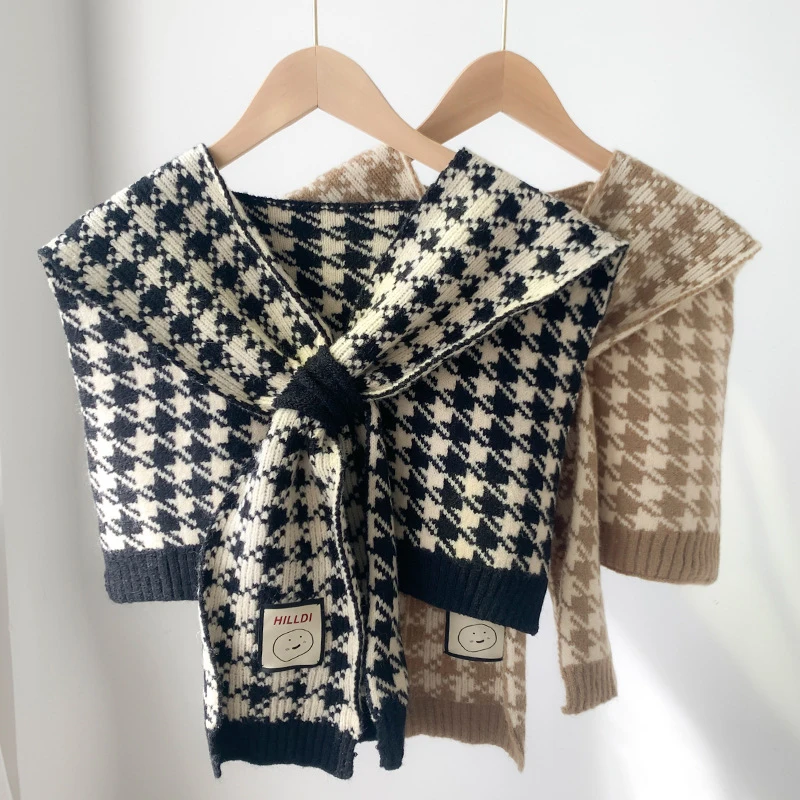 Korean Style Wool Knitted Warm Shawl Winter Blouse Shoulder Fake Collar Cloak Knitted Scarf Houndstooth Neck Scarf