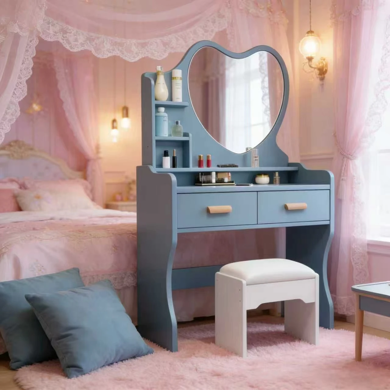 # Hot Sale Heart-Shaped Dressing Table 2 Drawer Storage Makeup Vanity With Stool For Bedroom Small Apartment