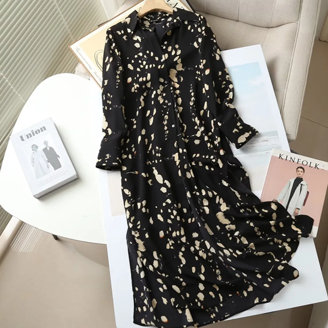 Maxdutti Fashion Long Shirt Casual Party Dress Women England Style Office Lady Polka Dot Print Dress