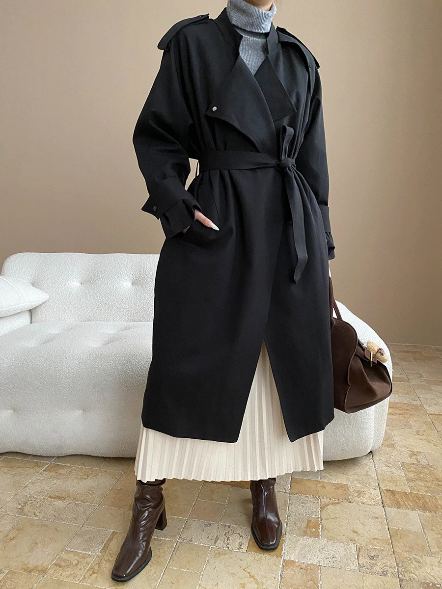 FANAN Elegante Lange Graben Mäntel Für Frauen Revers Gürtel Versammelt Taille Temperament Windjacke Mode Weibliche 2025, Winter Neue