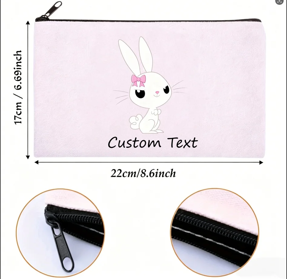 1PC Custom Text Cute White Rabbit With Pink Bow Cosmetic Bag Personalized Canvas Zipper Makeup Pouch