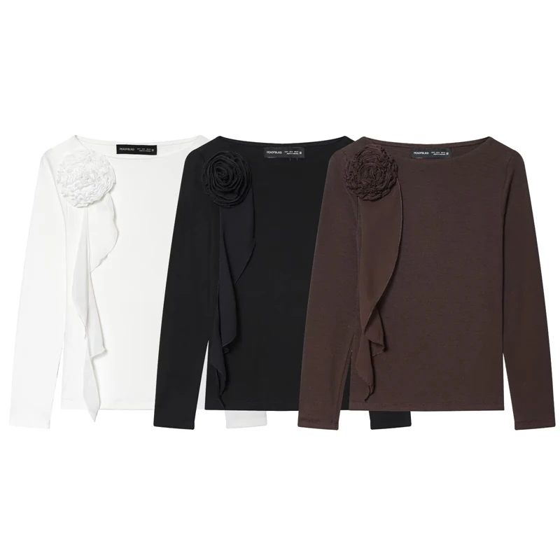 Elegant Blouse in White, Black, Brown for Casual & Dressy Looks Women's Long Sleeve Top with Floral Applique & Ruffle Detail