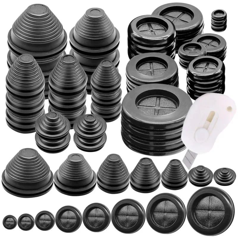 30Pcs Rubber Grommet Kit Tower Shaped & Round Double Sided Hole Plug with Retractable Knife for Firewall Wire Protection