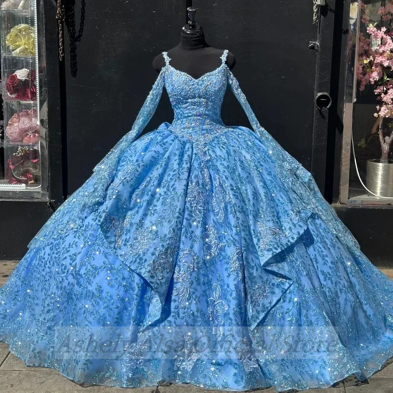 Echtes Bild himmelblau Frauen Ballkleider Ballkleid Langarm Spitze Party Anlass tragen vestidos de 15 años quinceañeras moderno