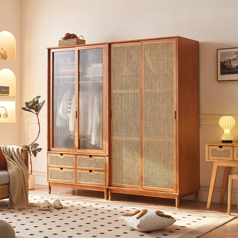 

Wabi Sandy Wind Solid Wood Double Door Wardrobe Bedroom Storage Locker Household Sliding Door Rattan Wardrobe Simple Small Apart