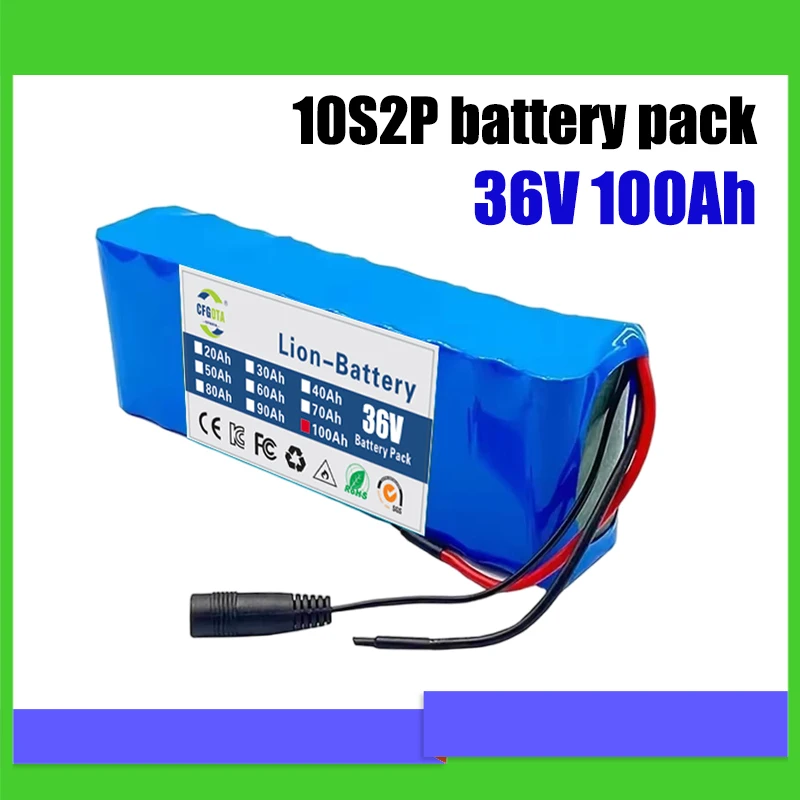 36V 100000mAh 10S2P 18650 Lithium ion Large Capacity Battery Pack with BMS and Multiple Plug Options