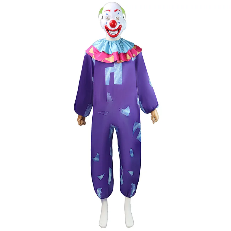 Grappige Clown Cosplay Kostuum Circus Clown Kleding Halloween Party Jumpsuits Masker Handschoenen Outfit Voor Vrouwen Mannen Podium Performance