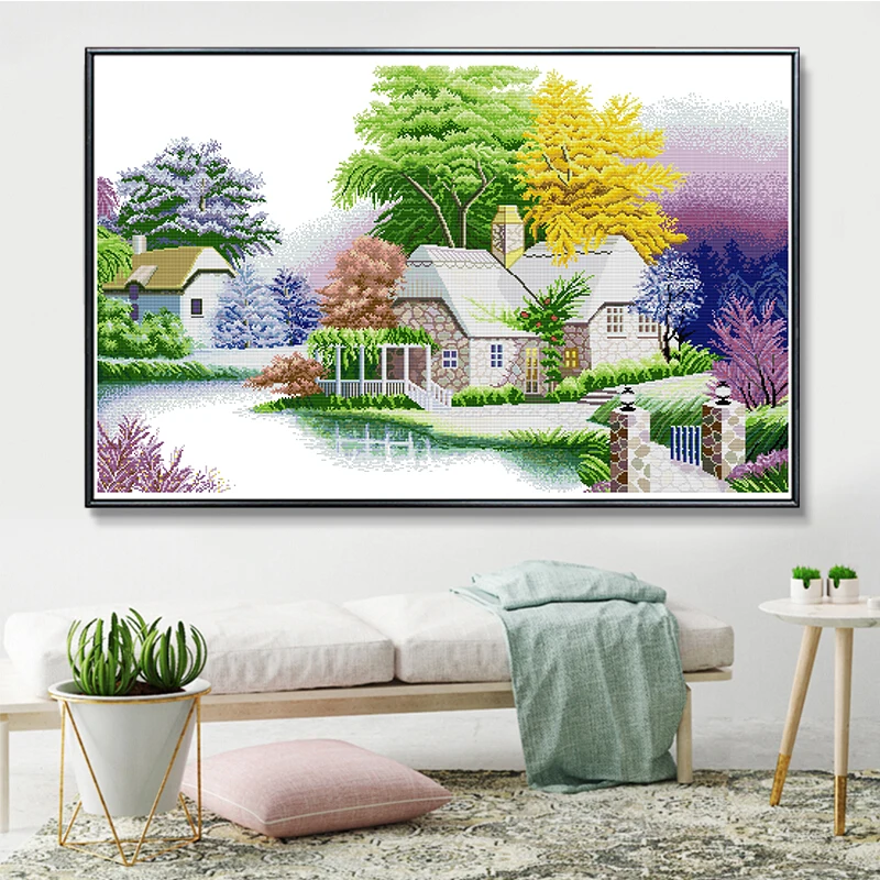 

Modern Simple Style Cross Stitch Kit Scenic Handmade Embroidery Print Peaceful Little House Decorative Wall Art Cotton Fabric