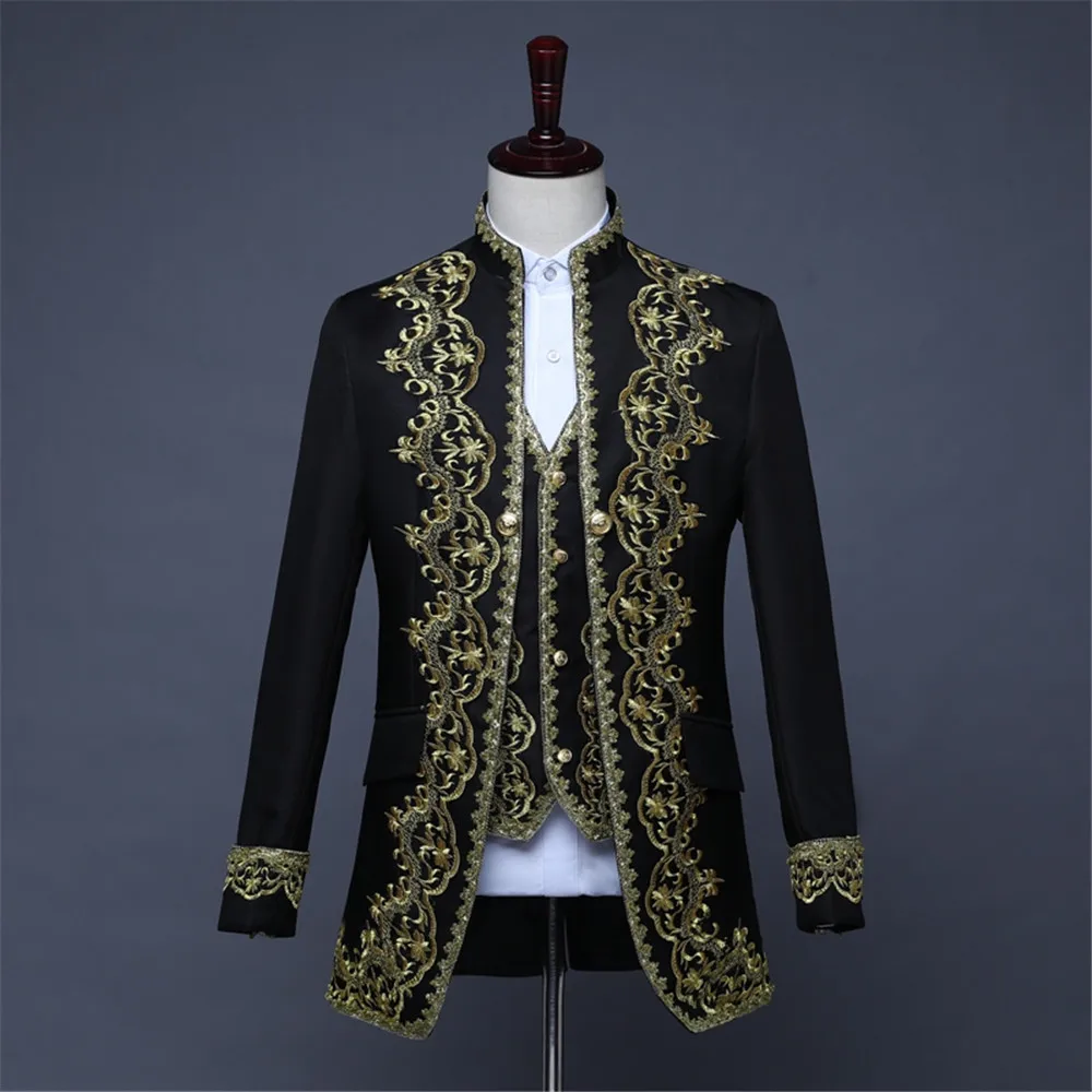 Vintage Men Appliqued 3-piece Suit Black and Gold Stage Stylish White Theater Gala Evening Jacket